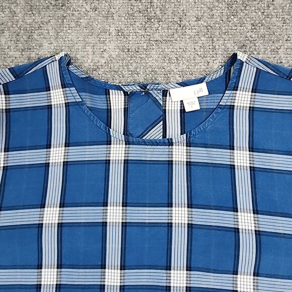 J Jill Top Women Large Blue Plaid 3/4 Sleeve Tunic Slit Back Button Shirt Blouse - Picture 10 of 14